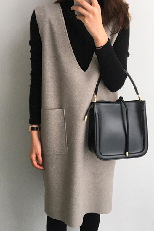 Margovil V Neck Sleeveless Woolen Vest Pocketed Dress (6 colors Available)