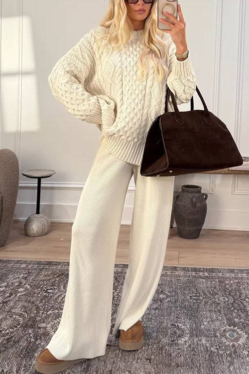 Margovil Crewneck Cable Knit Solid Pullover Sweater