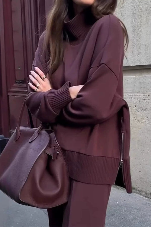 Margovil High Neck Side Zipper Up Sweatshirt and Wide Leg Pants Set