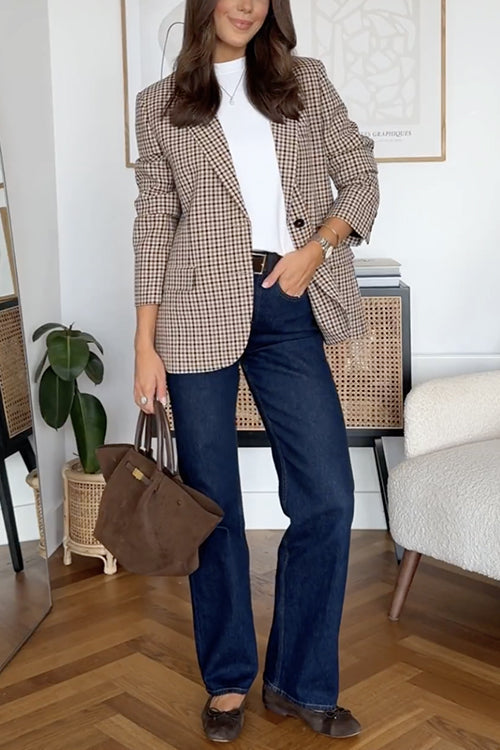 Margovil Notch Lapel Single Breasted Plaid Blazer