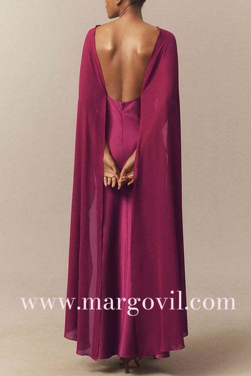 V Neck Open Back Cape Satin Maxi Dress