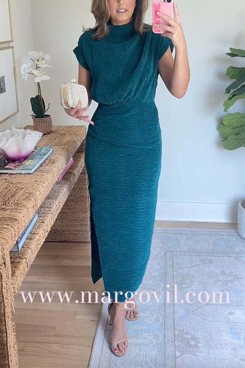Mockneck Short Sleeves Waisted Side Slit Midi Dress