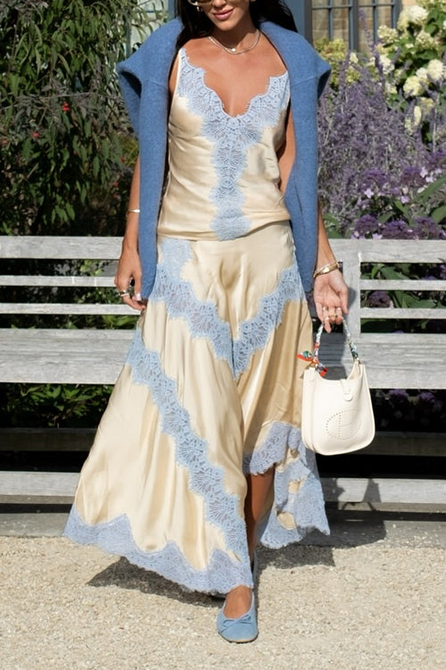 Margovil High Rise Color Block Lace Trim Satin Maxi Skirt