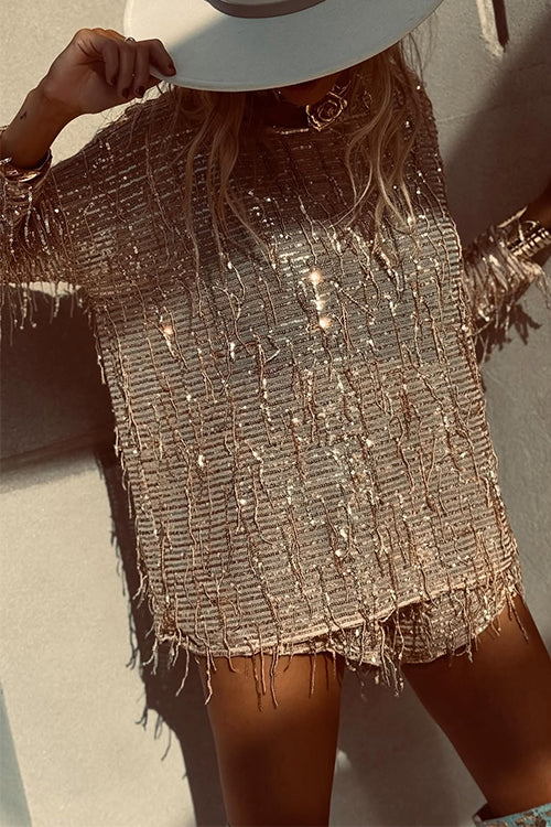 Margovil Tassel Sequin Round Neck Long Sleeves Top and Shorts Set