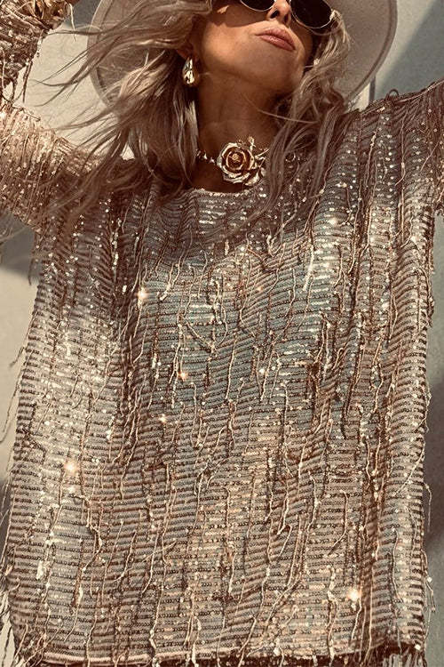 Margovil Tassel Sequin Round Neck Long Sleeves Top and Shorts Set