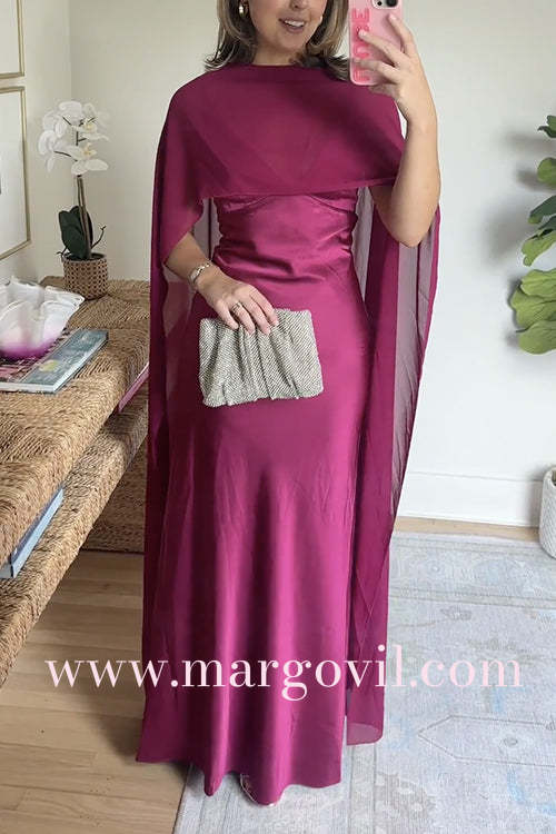V Neck Open Back Cape Satin Maxi Dress