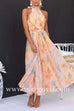 Halter Neck Open Back Waisted Watercolor Print Maxi Dress