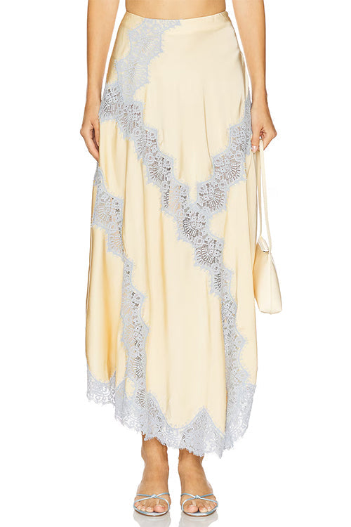 Margovil High Rise Color Block Lace Trim Satin Maxi Skirt