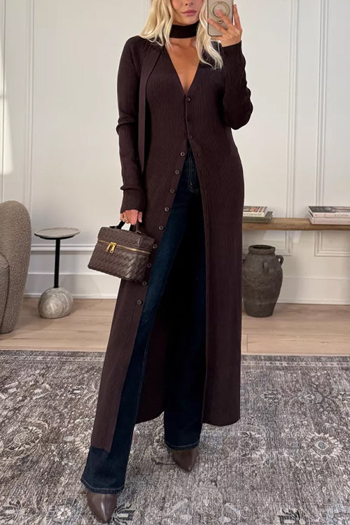 V Neck Button Up Duster Cardigan Midi Sweater Dress with Scarf
