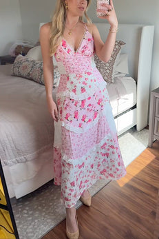 Margovil V Neck Floral Print Splice Ruffle Tiered Maxi Cami Dress