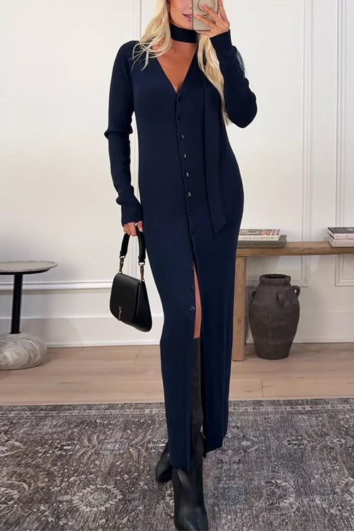 V Neck Button Up Duster Cardigan Midi Sweater Dress with Scarf