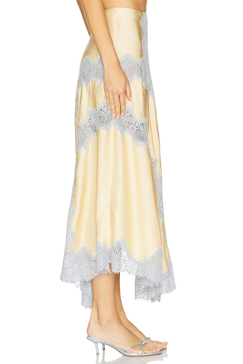 Margovil High Rise Color Block Lace Trim Satin Maxi Skirt