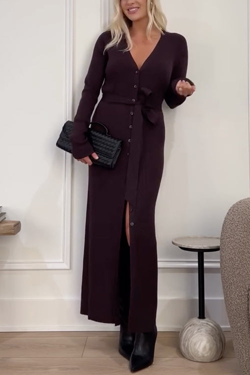 V Neck Button Up Duster Cardigan Midi Sweater Dress with Scarf
