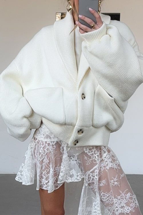 Collared Button Up Pocketed Knitted Bomber Jacket
