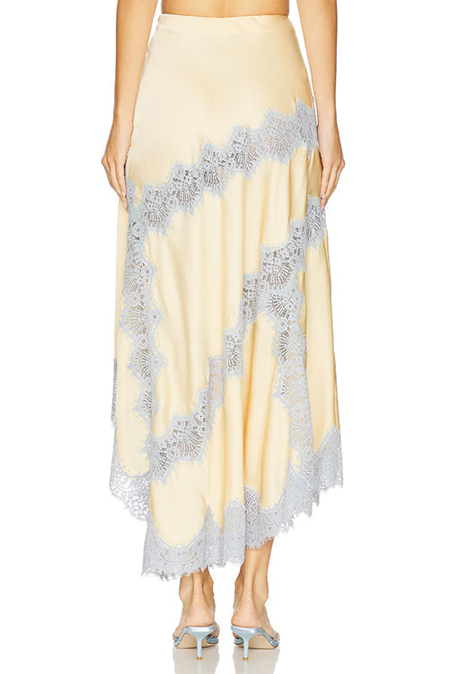 Margovil High Rise Color Block Lace Trim Satin Maxi Skirt