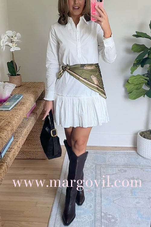 Long Sleeves Button Up Pleated Hem Mini Shirt Dress