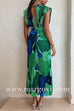 Margovil V Neck Waisted Back Cut Out Printed Maxi Pleated Dress