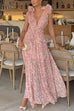 Margovil Deep V Neck Sleeveless Cut Out Floral Print Ruffle Maxi Dress
