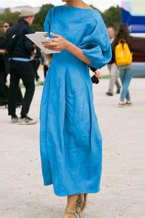 Margovil Lantern Sleeve Ruched Midi Cotton Linen Dress