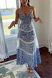 Margovil V Neck Floral Print Splice Ruffle Tiered Maxi Cami Dress