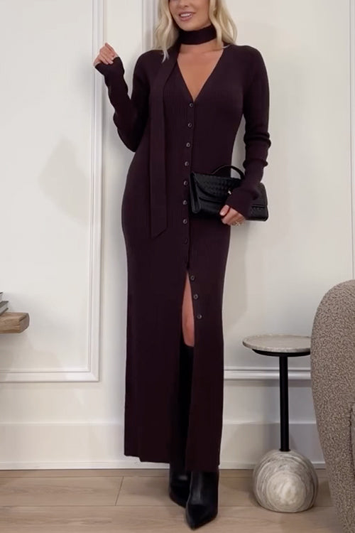 V Neck Button Up Duster Cardigan Midi Sweater Dress with Scarf