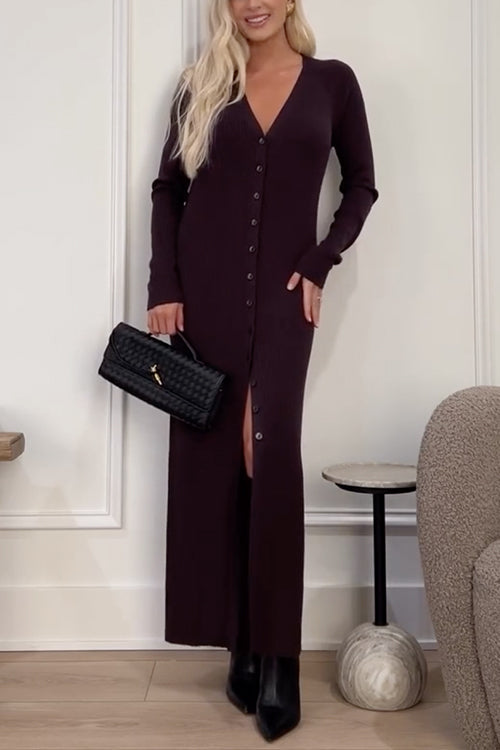 V Neck Button Up Duster Cardigan Midi Sweater Dress with Scarf
