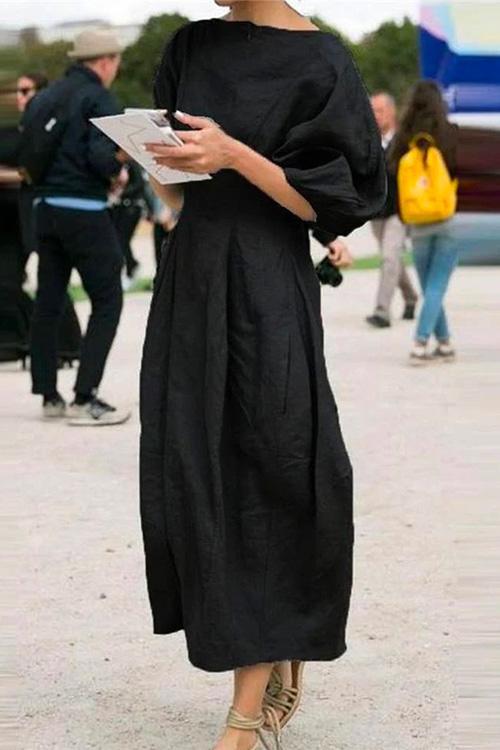 Margovil Lantern Sleeve Ruched Midi Cotton Linen Dress