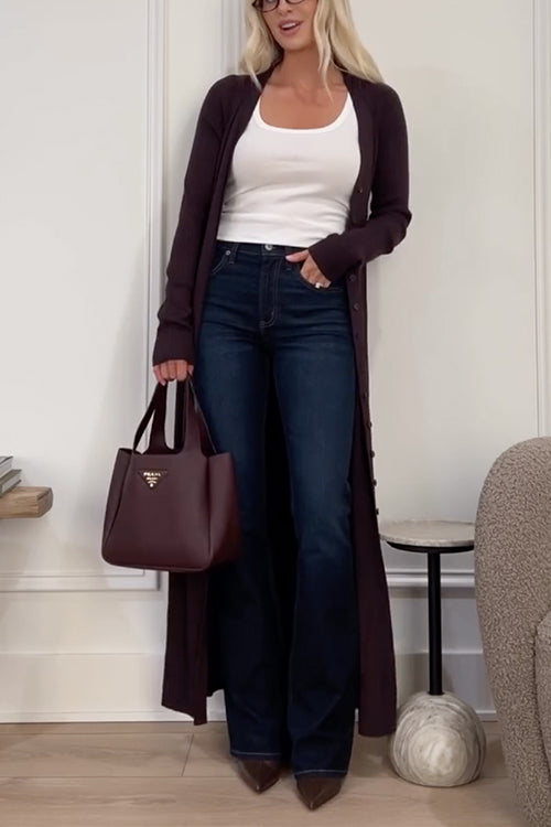 V Neck Button Up Duster Cardigan Midi Sweater Dress with Scarf