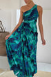 Margovil One Shoulder Drawstring Cut Out Printed Maxi Pleated Dress