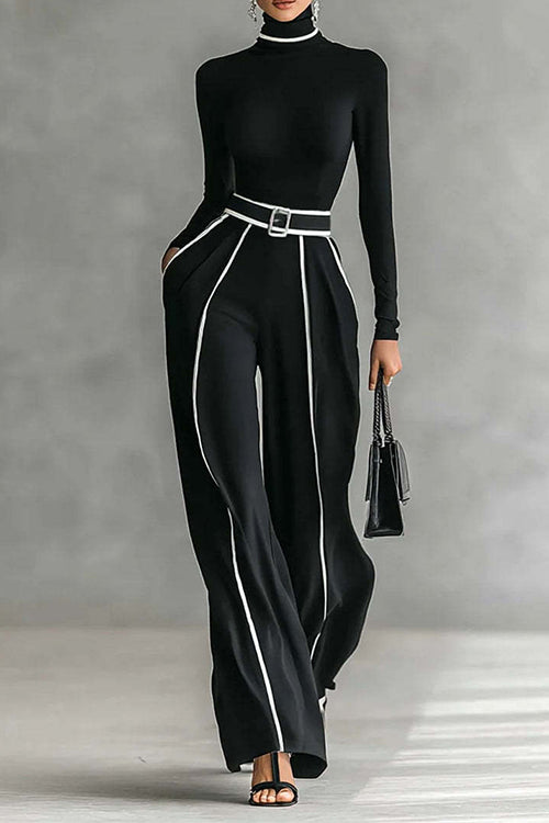 Margovil Color Block High Neck Long Sleeves Top High Rise Wide Leg Pants Set