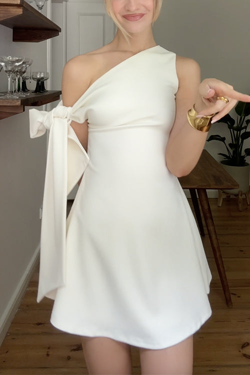 Tie Knot Asymmetrical Shoulder Solid A-line Mini Dress