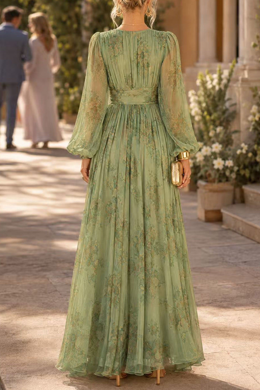 Margovil Puff Long Sleeves Waisted Floral Print Maxi Dress