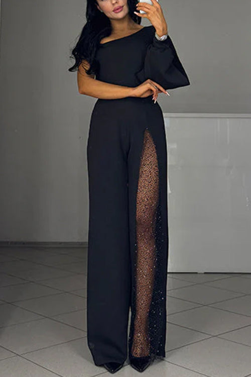 Margovil One Shoulder Long Sleeve Patchwork Wide Leg Jumpsuit