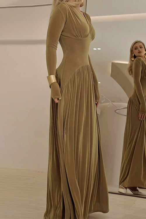 Margovil V Neck Long Sleeves Waisted Velvet Maxi Dress