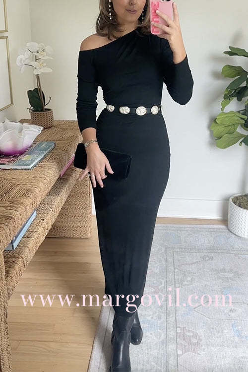 Asymmetrical Shoulder Long Sleeves Bodycon Midi Dress