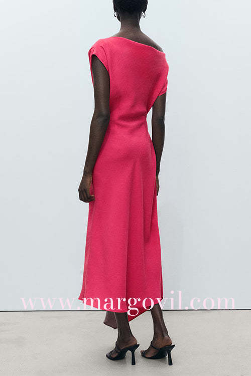 Draped Asymmetrical Shoulder Solid Maxi Party Dress