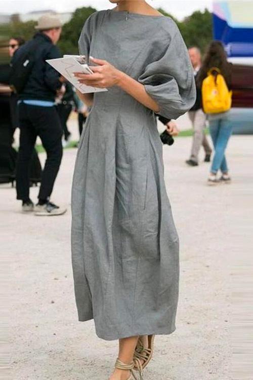 Margovil Lantern Sleeve Ruched Midi Cotton Linen Dress