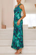 Margovil One Shoulder Drawstring Cut Out Printed Maxi Pleated Dress