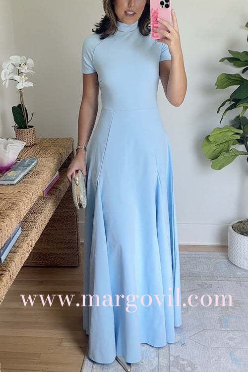 Mockneck Short Sleeves Waisted Swing Maxi Dress