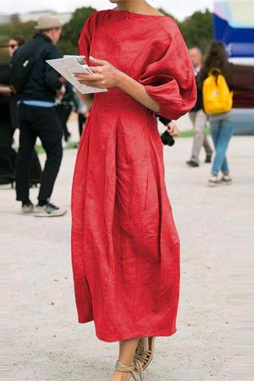 Margovil Lantern Sleeve Ruched Midi Cotton Linen Dress