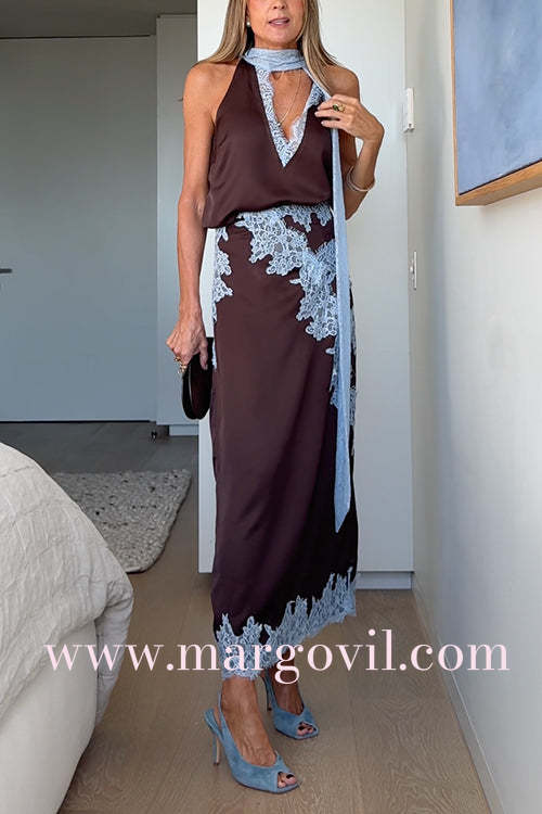 Chic Sleeveless V Neck Lace Trim Satin Top