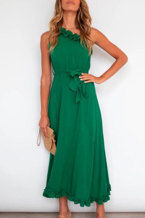 Margovil One Shoulder Sleeveless Tie Waist Ruffle Swing Dress