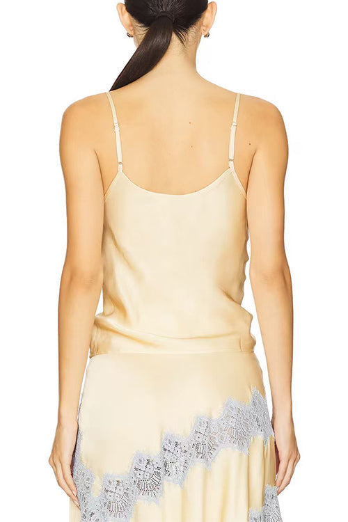 Margovil Adjustable Strap V Neck Lace Trim Satin Top