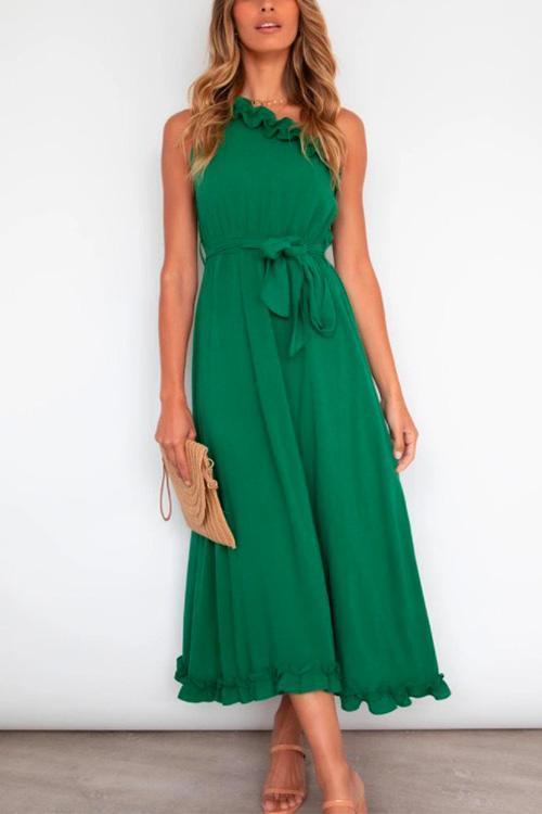 Margovil One Shoulder Sleeveless Tie Waist Ruffle Swing Dress