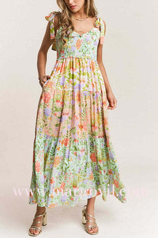 Margovil V Neck Bow Shoulder Tiered Floral Print Maxi Dress