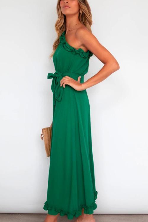 Margovil One Shoulder Sleeveless Tie Waist Ruffle Swing Dress