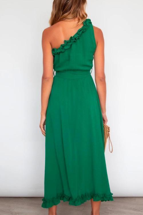 Margovil One Shoulder Sleeveless Tie Waist Ruffle Swing Dress