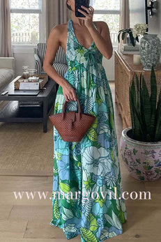 Margovil Halter V Neck Backless Floral Print Maxi Vacation Dress