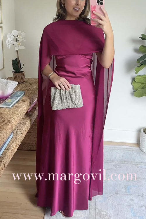 V Neck Open Back Cape Satin Maxi Dress