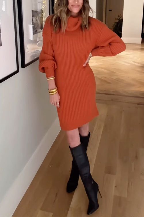 margovil Turtleneck Balloon Sleeves Ribbed Knit Sweater Dress
